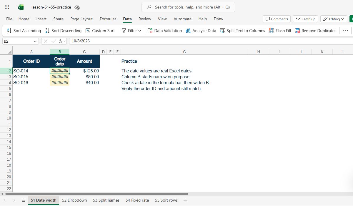 Actual Excel for the web capture: the selected hash-marked cell still has its date value in the formula bar.
