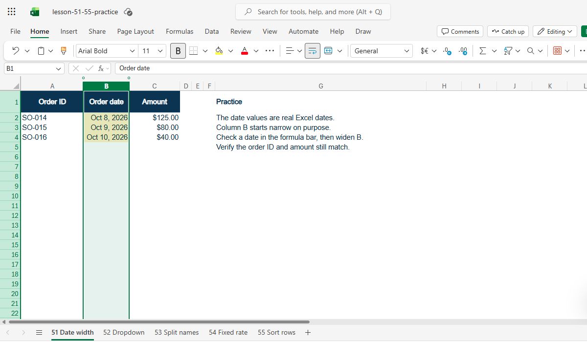 Actual Excel for the web capture: after widening the date column, all three dates are readable and remain beside their original order IDs and amounts.