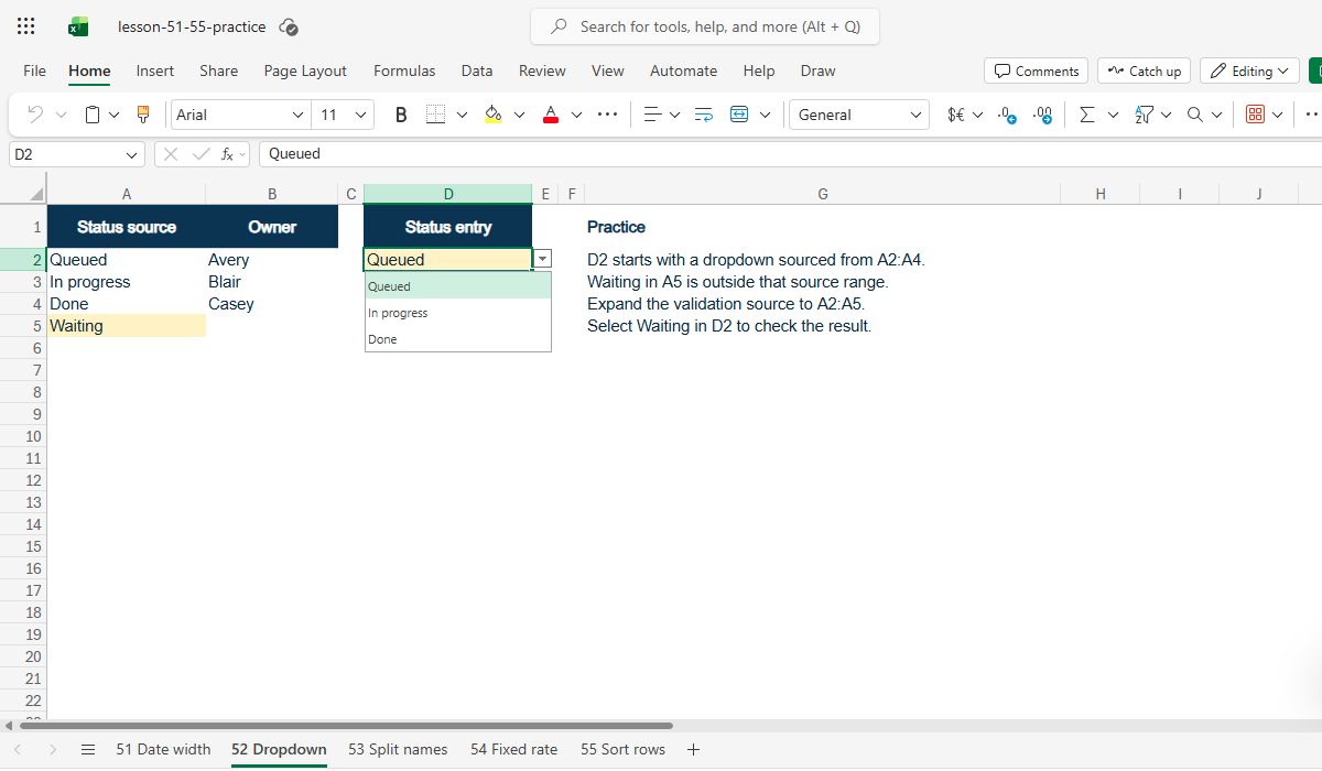 Actual Excel for the web capture: the D2 dropdown shows three choices while Waiting sits outside its original source range in A5.