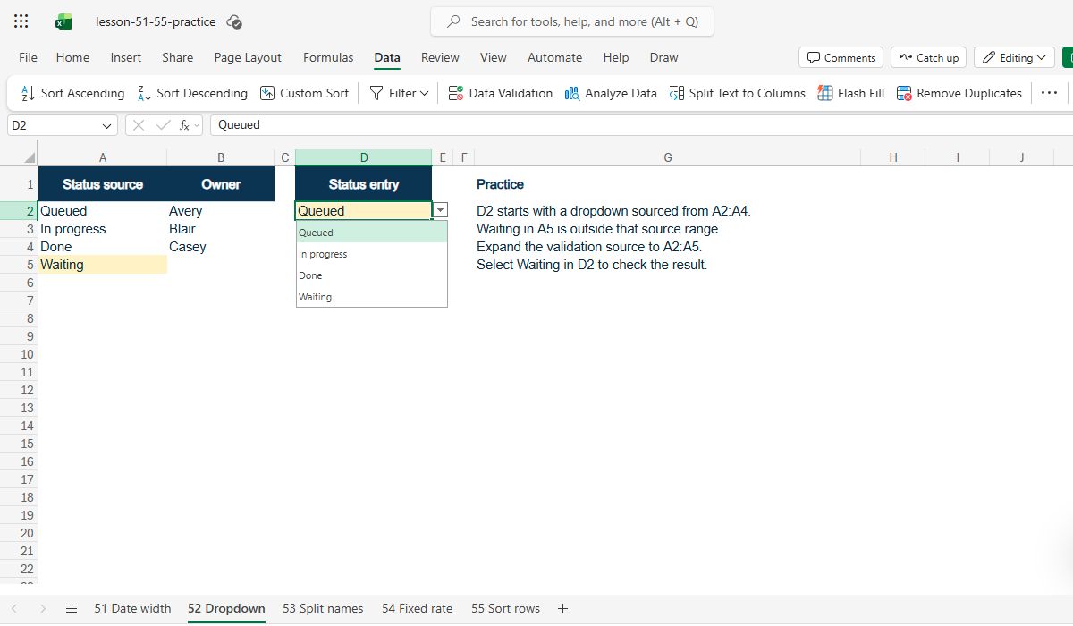 Actual Excel for the web capture: the expanded D2 dropdown now lists Queued, In progress, Done, and Waiting.