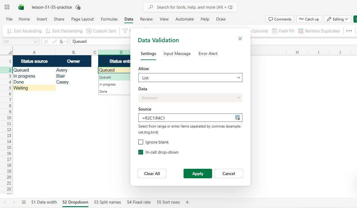 Actual Excel for the web capture: Data Validation shows the original source as R2C1:R4C1, Excel's R1C1 notation for A2:A4.