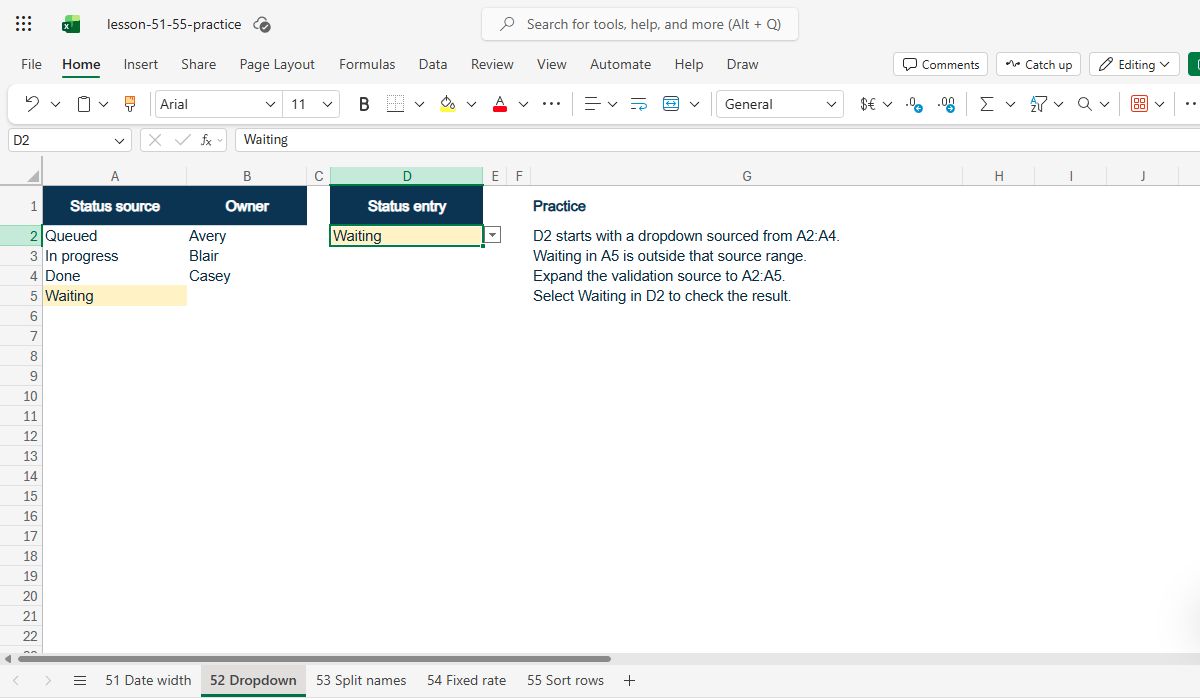 Actual Excel for the web capture: selecting Waiting leaves the exact new status visible in cell D2.