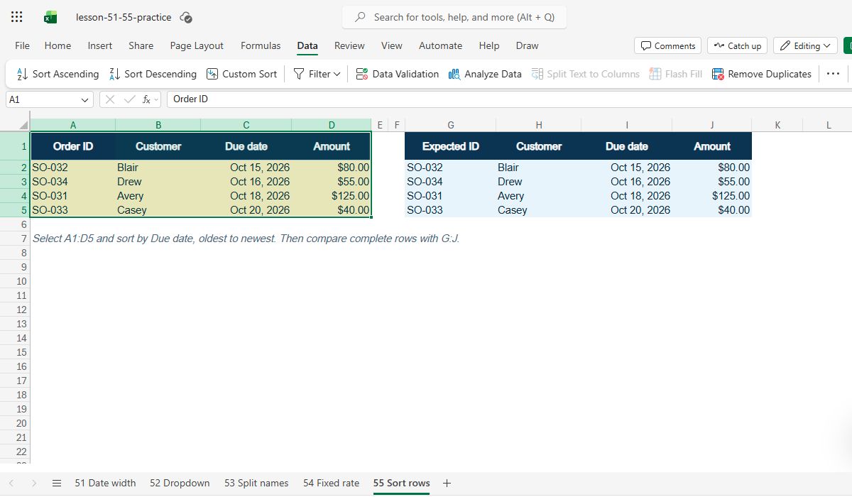 Actual Excel for the web capture: the sorted dates are ascending and each fictional order still has its original customer and amount.