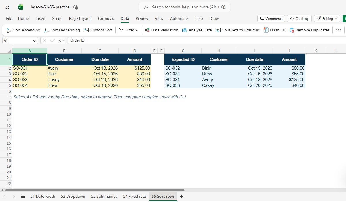 Actual Excel for the web capture: the original four fictional orders show each ID, customer, due date, and amount before sorting.