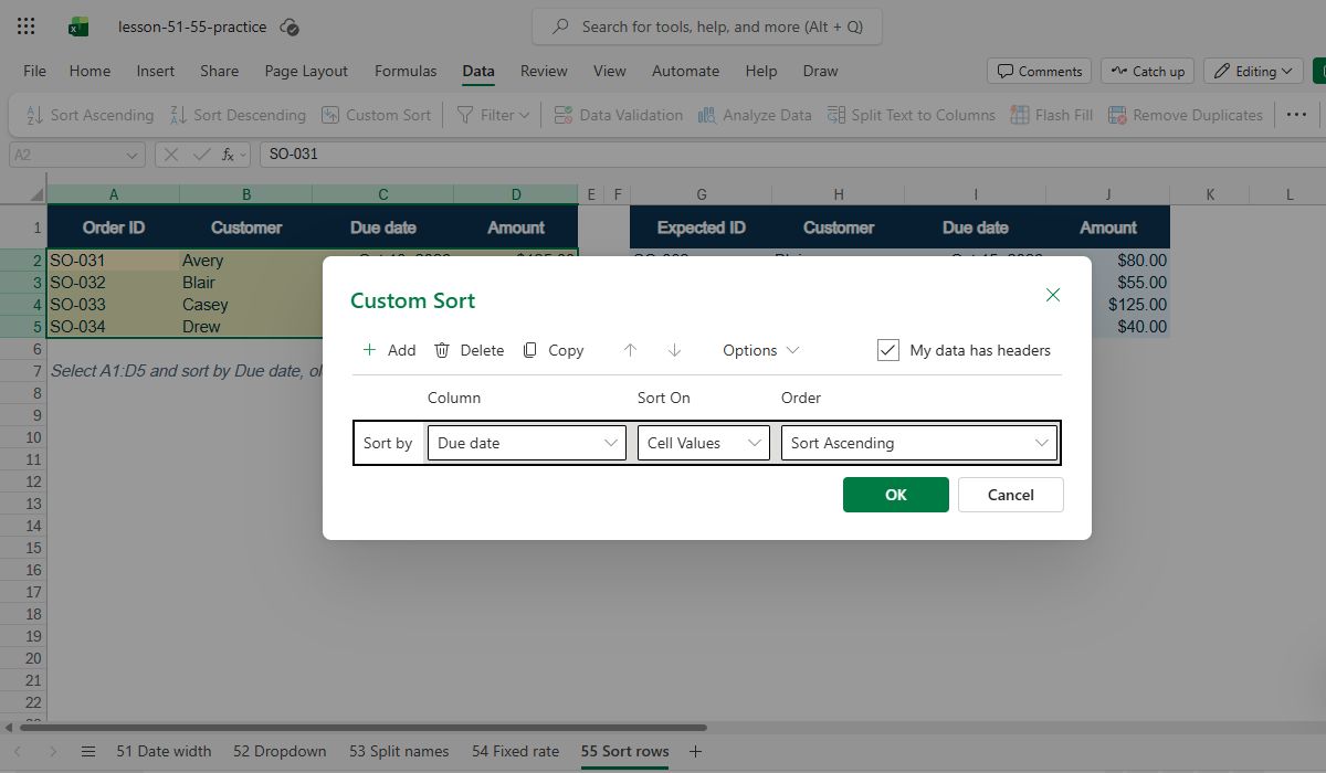 Actual Excel for the web capture: Custom Sort uses Due date in ascending order and treats the first row as headers.