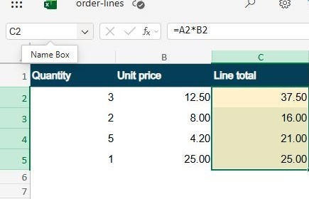 Actual Excel for the web capture after Ctrl+D, showing 37.50, 16.00, 21.00, and 25.00 in C2:C5.