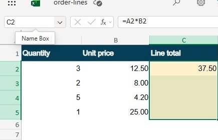 Actual Excel for the web capture showing C2:C5 selected, with the formula cell at the top.