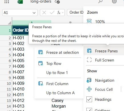 Actual English Excel for the web menu showing View, Freeze Panes, and Top Row.