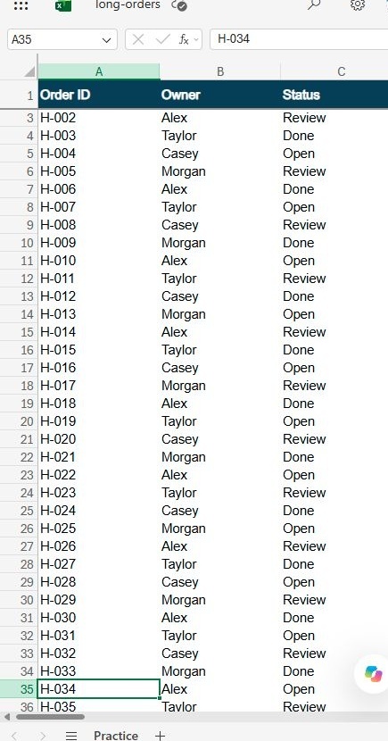Actual Excel for the web capture showing the row-one headers still visible while row 35 contains H-034.