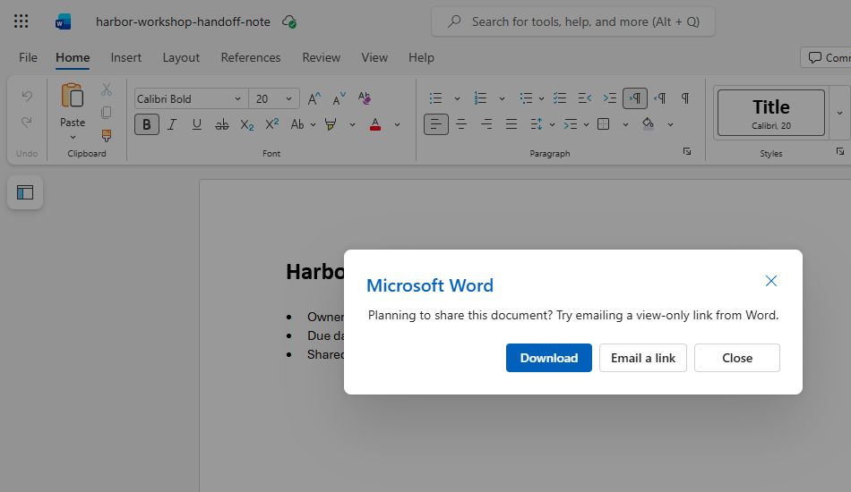 Actual English Word for the web PDF export dialog with the Download confirmation for the fictional note.