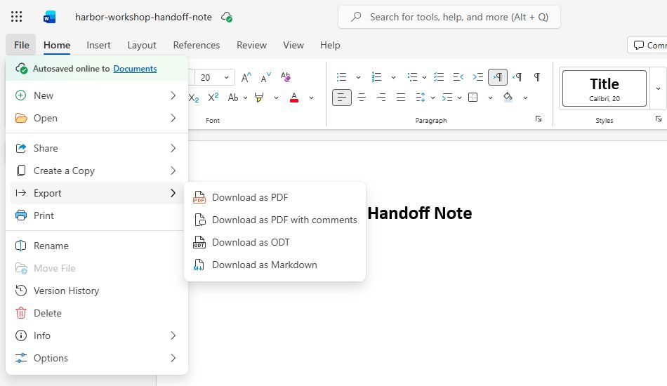 Actual English Word for the web menu showing File, Export, and Download as PDF for the fictional practice note.