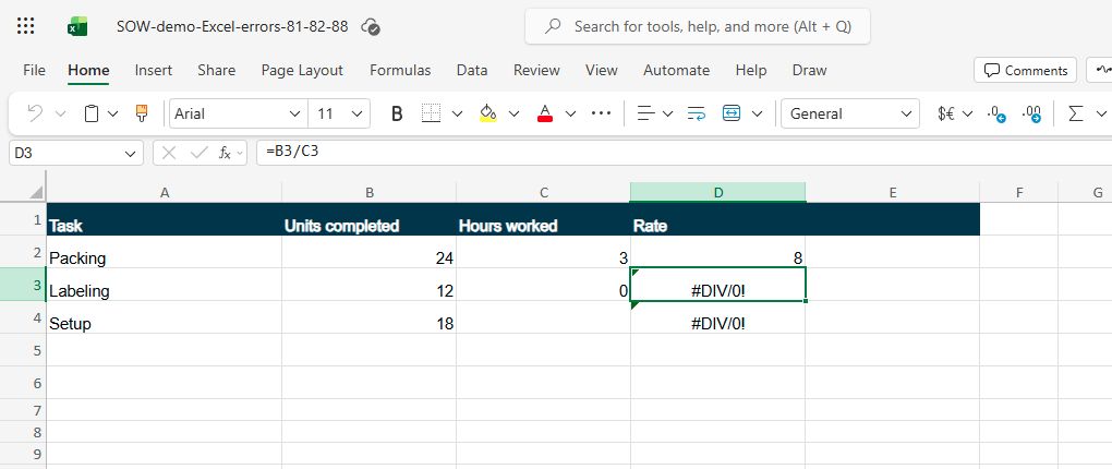 Actual Excel for the web capture: zero and blank Hours worked cells produce DIV/0 errors in the fictional worksheet.