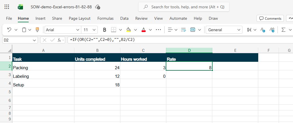 Actual Excel for the web capture: the narrow IF guard keeps the valid rate at 8 and leaves the two undefined rates blank.