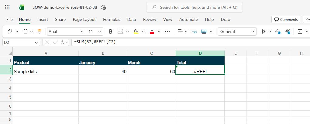 Actual Excel for the web capture: deleting February produces a REF error in the total and the formula bar.