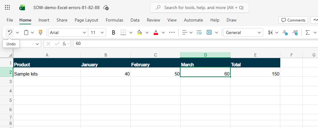 Actual Excel for the web capture: Undo restores the February value and the total of 150.