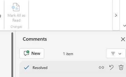 Actual Word for the web capture: the Comments pane shows one resolved thread and its Reopen control. The document and account details are cropped out.