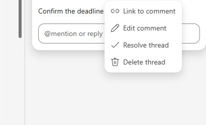 Actual Word for the web capture: the reopened thread offers a reply field and Resolve thread again. The document and account details are cropped out.