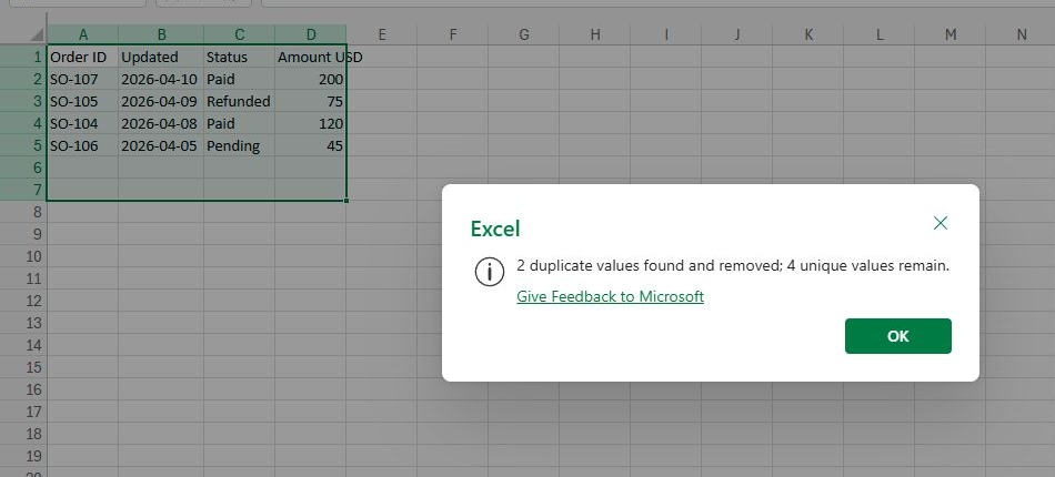 Actual English Excel for the web result showing four remaining fictional orders and two duplicate values removed.