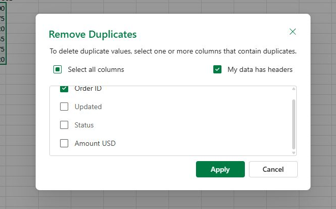 Actual English Excel for the web Remove Duplicates dialog with only Order ID checked.