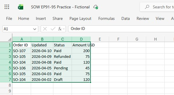 Actual English Excel for the web sheet with all six fictional order rows sorted newest first.