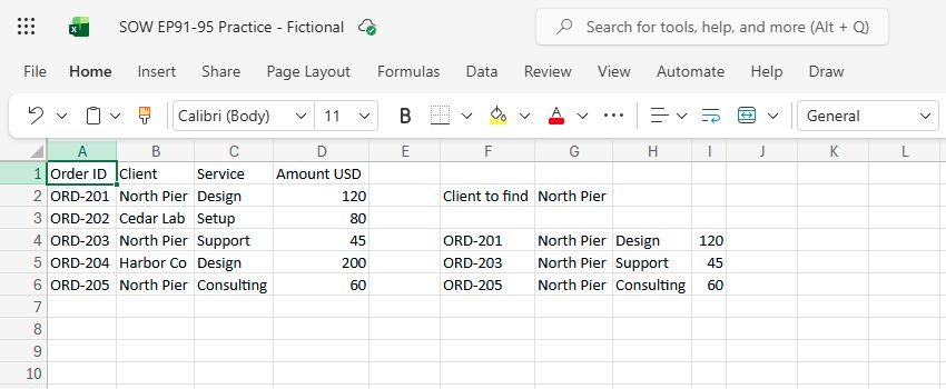 Actual English Excel for the web workbook showing three FILTER matches for North Pier and unchanged source rows.